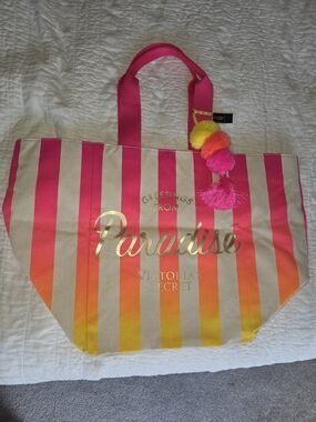 Victoria's Secret "Paradise" Pink & Yellow Stripe Tote